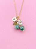 Gold Natural Green Spot Jasper Necklace, Foodie Fruit Green Leaf White Flower, Gemstone Jewelry, N5947