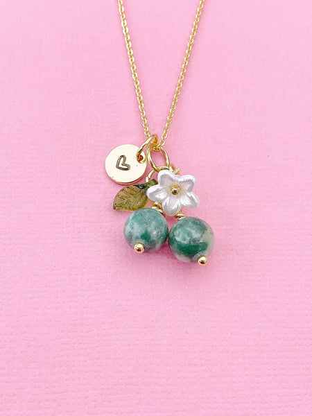 Gold Natural Green Spot Jasper Necklace, Foodie Fruit Green Leaf White Flower, Gemstone Jewelry, N5947