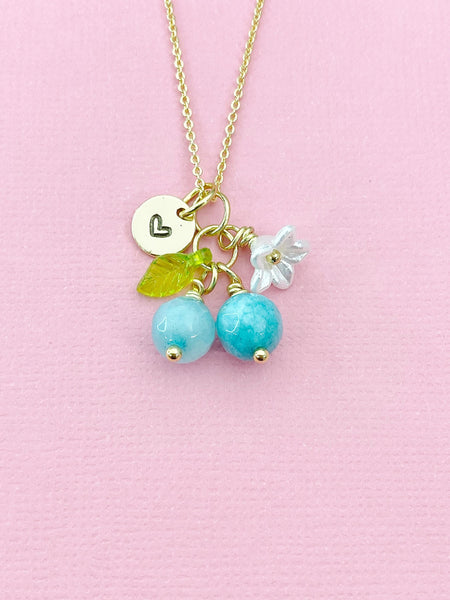 Gold Natural Jade Necklace, Foodie Fruit Green Leaf White Flower, Gemstone Jewelry, N5948