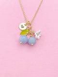 Gold Natural Angelite Necklace, Foodie Fruit Green Leaf White Flower, Gemstone Jewelry, N5949