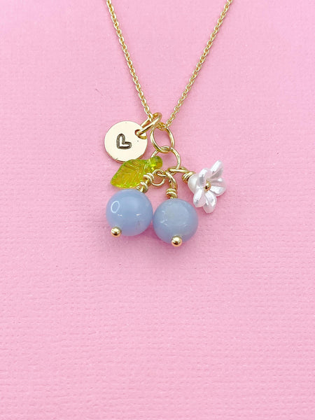 Gold Natural Angelite Necklace, Foodie Fruit Green Leaf White Flower, Gemstone Jewelry, N5949