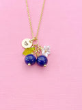 Gold Natural Lapis Lazuli Necklace, Foodie Fruit Green Leaf White Flower, Gemstone Jewelry, N5950