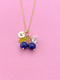 Gold Natural Lapis Lazuli Necklace, Foodie Fruit Green Leaf White Flower, Gemstone Jewelry, N5950