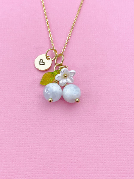 Gold Natural Aquamarine Necklace, Foodie Fruit Green Leaf White Flower, Gemstone Jewelry, N5951