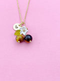 Gold Natural Tiger Eye Necklace, Foodie Fruit Green Leaf White Flower, Gemstone Jewelry, N5952