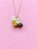 Gold Natural Tiger Eye Necklace, Foodie Fruit Green Leaf White Flower, Gemstone Jewelry, N5952