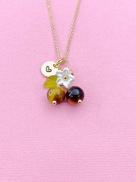 Gold Natural Tiger Eye Necklace, Foodie Fruit Green Leaf White Flower, Gemstone Jewelry, N5952