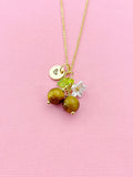 Gold Natural Tiger Eye Necklace, Foodie Fruit Green Leaf White Flower, Gemstone Jewelry, N5952