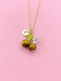 Gold Natural Tiger Eye Necklace, Foodie Fruit Green Leaf White Flower, Gemstone Jewelry, N5952