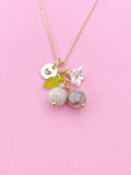 Gold Natural Maifanite Necklace, Foodie Fruit Green Leaf White Flower, Gemstone Jewelry, N5953