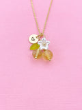 Gold Natural Citrine Necklace, Foodie Fruit Green Leaf White Flower, Gemstone Jewelry, N5954