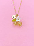 Gold Natural Citrine Necklace, Foodie Fruit Green Leaf White Flower, Gemstone Jewelry, N5954
