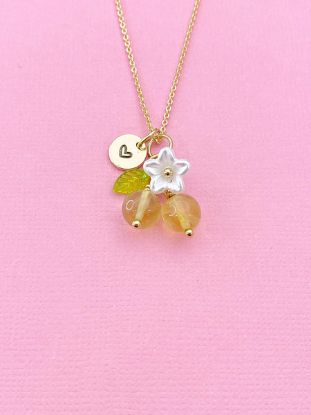 Gold Natural Citrine Necklace, Foodie Fruit Green Leaf White Flower, Gemstone Jewelry, N5954