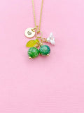 Gold Natural Dragon Veins Agate Necklace, Foodie Fruit Green Leaf White Flower, Gemstone Jewelry, N5955