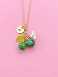 Gold Natural Dragon Veins Agate Necklace, Foodie Fruit Green Leaf White Flower, Gemstone Jewelry, N5955