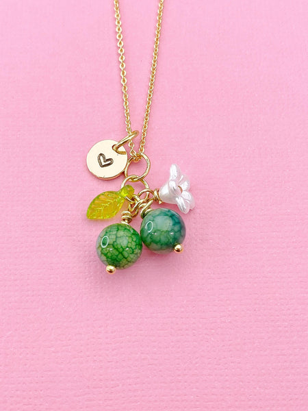 Gold Natural Dragon Veins Agate Necklace, Foodie Fruit Green Leaf White Flower, Gemstone Jewelry, N5955