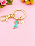 Gold Blue Cat Initial Charm Keychain, Daughter Gift