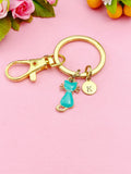 Gold Blue Cat Initial Charm Keychain, Daughter Gift