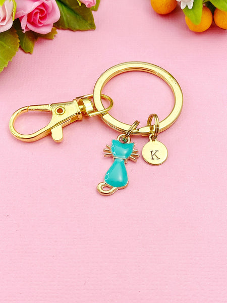 Gold Cute Blue Cat Charm Necklace, Daughter Gift, N3147
