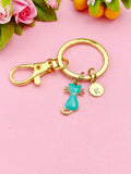 Gold Blue Cat Initial Charm Keychain, Daughter Gift