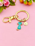 Gold Blue Cat Initial Charm Keychain, Daughter Gift