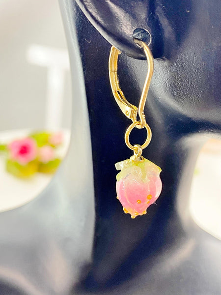 Gold Pink Flower Charm Earrings, N5958