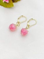 Gold Pearl Pink Flower Bud Charm Earrings, N5959