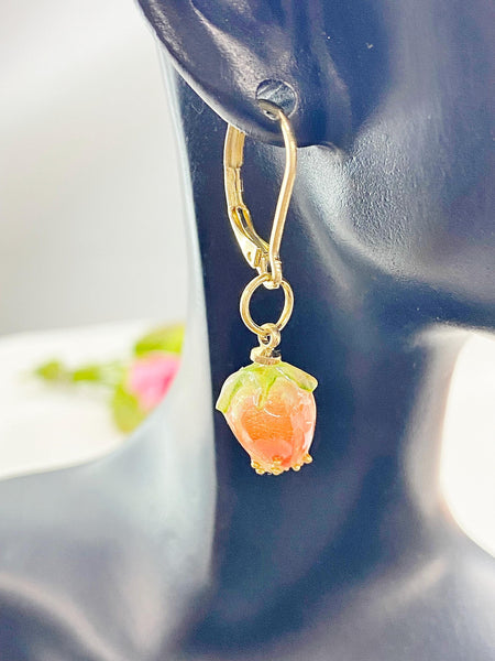 Gold Flower Bud Charm Earrings, Orange, N5960