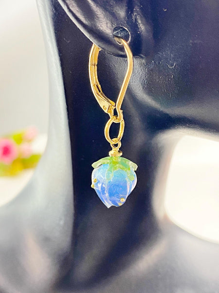 Gold Flower Bud Charm Earrings, Blue, N5961
