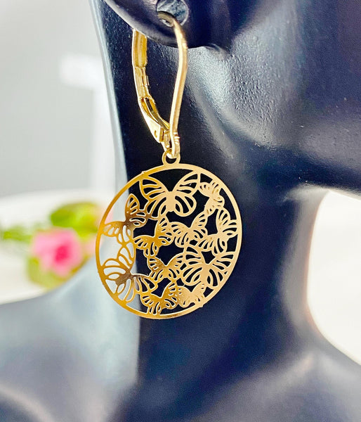 Gold Round Butterfly Charm Earrings, N59668