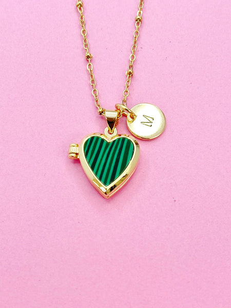 Gold Heart Locket Necklace, Malachite, Personalized Customized Made to Order Jewelry, N5467