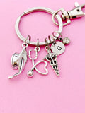 Doctor Nurse Graduation Keychain, Silver Graduation Cap Heart Stethoscope Caduceus Charm, Medical Graduation Gift, N5804C