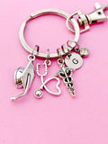Doctor Nurse Graduation Keychain, Silver Graduation Cap Heart Stethoscope Caduceus Charm, Medical Graduation Gift, N5804C