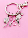 Doctor Nurse Graduation Keychain, Silver Graduation Cap Heart Stethoscope Caduceus Charm, Medical Graduation Gift, N5804C
