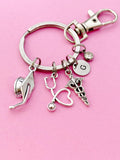 Doctor Nurse Graduation Keychain, Silver Graduation Cap Heart Stethoscope Caduceus Charm, Medical Graduation Gift, N5804C