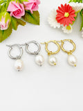 Silver or Gold Cultured Pearl Earrings, Cultured Freshwater Pearl Hoop Earrings, N3979M