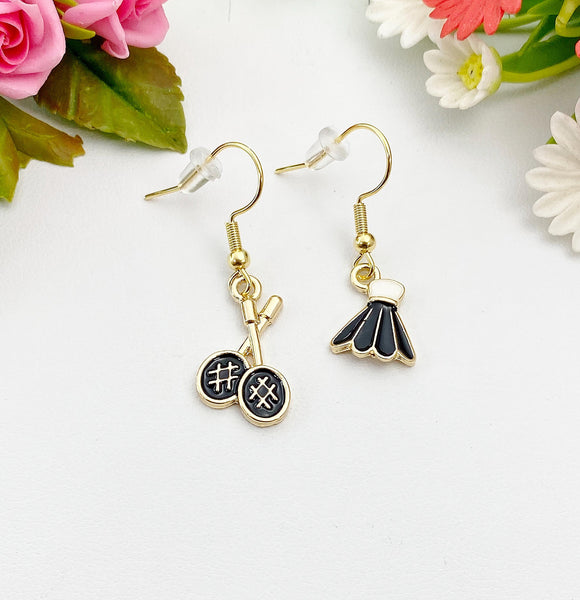 Gold Badminton Earrings, Bat Racket Earrings, Birdie, Shuttlecock Charm, Sport Gift, N3285