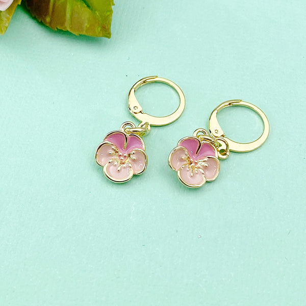 Gold Japanese Cherry Blossom Earrings, Pink Sakura Earrings, Flower Peach Blossom Jewelry Gift, N3238