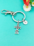 Silver Jesus Fish Cross Keychain, Personalized Initial Charm, N1703B