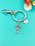 Silver Jesus Fish Cross Keychain, Personalized Initial Charm, N1703B