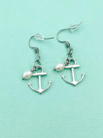 Silver Anchor White Pearl Charm Earrings, Anchor with White Pearl Earrings, N866Z