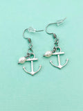 Silver Anchor Freshwater Pearl Drop Earrings