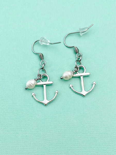 Silver Anchor White Pearl Charm Earrings, Anchor with White Pearl Earrings, N866Z