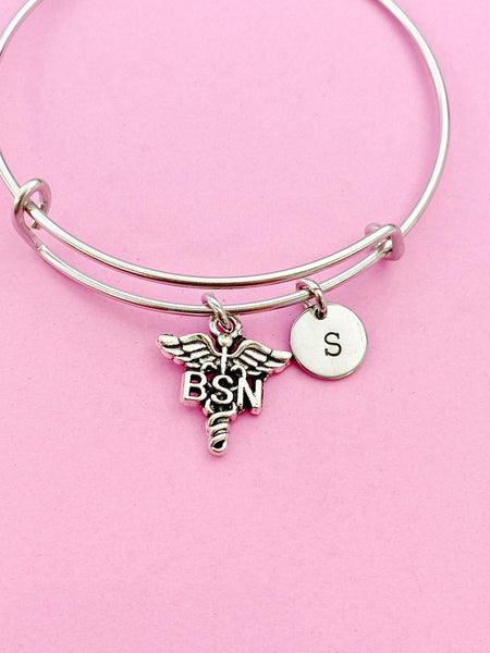 Silver Bachelor of Science Nursing Charm Bracelet, Caduceus BSN Medical Charm, Nurse Graduation Gift, N261A