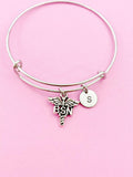 Silver BSN Caduceus Charm Bracelet, Nurse Graduation Gift, Initial Charm