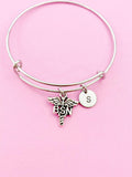 Silver BSN Caduceus Charm Bracelet, Nurse Graduation Gift, Initial Charm