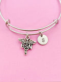 Silver BSN Caduceus Charm Bracelet, Nurse Graduation Gift, Initial Charm