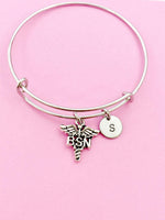 Silver Bachelor of Science Nursing Charm Bracelet, Caduceus BSN Medical Charm, Nurse Graduation Gift, N261A