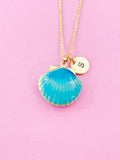 Gold Light Blue Shell Locket Charm Necklace, Mermaid Girl Gifts, N5277E