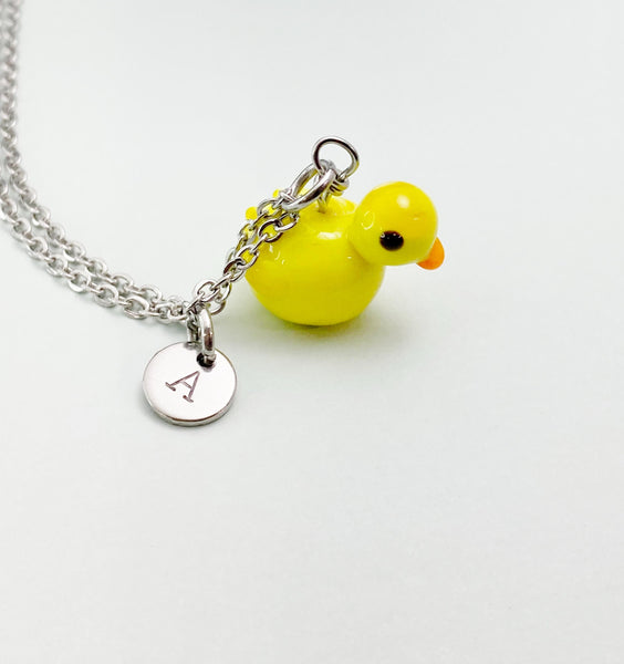 Silver Duck Charm Necklace, Handmade Lampwork Yellow Duckling, N5837